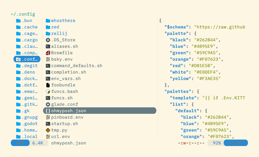 A JSON file selected in the main file list, with its contents displayed on the right, property names in blue and property values in green.