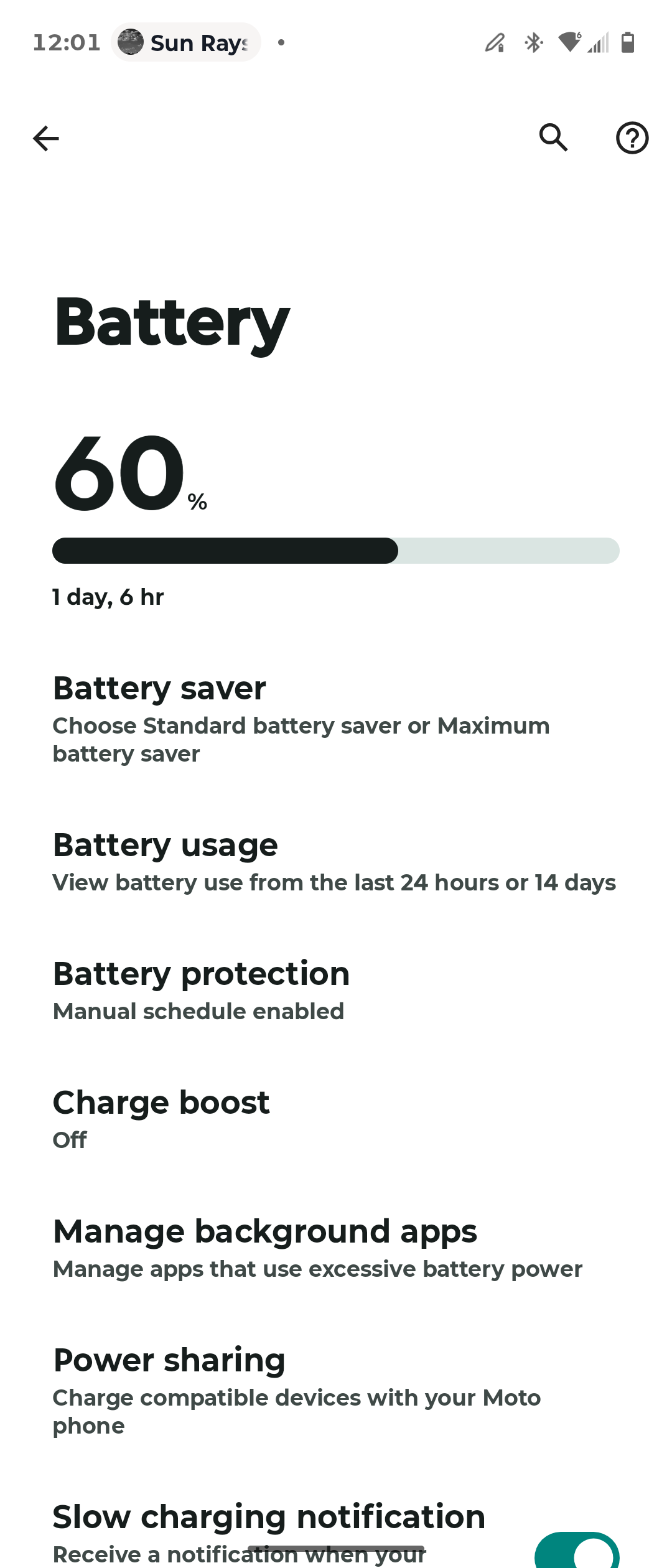 Battery section of the Settings app on a Motorola Razr Fold.