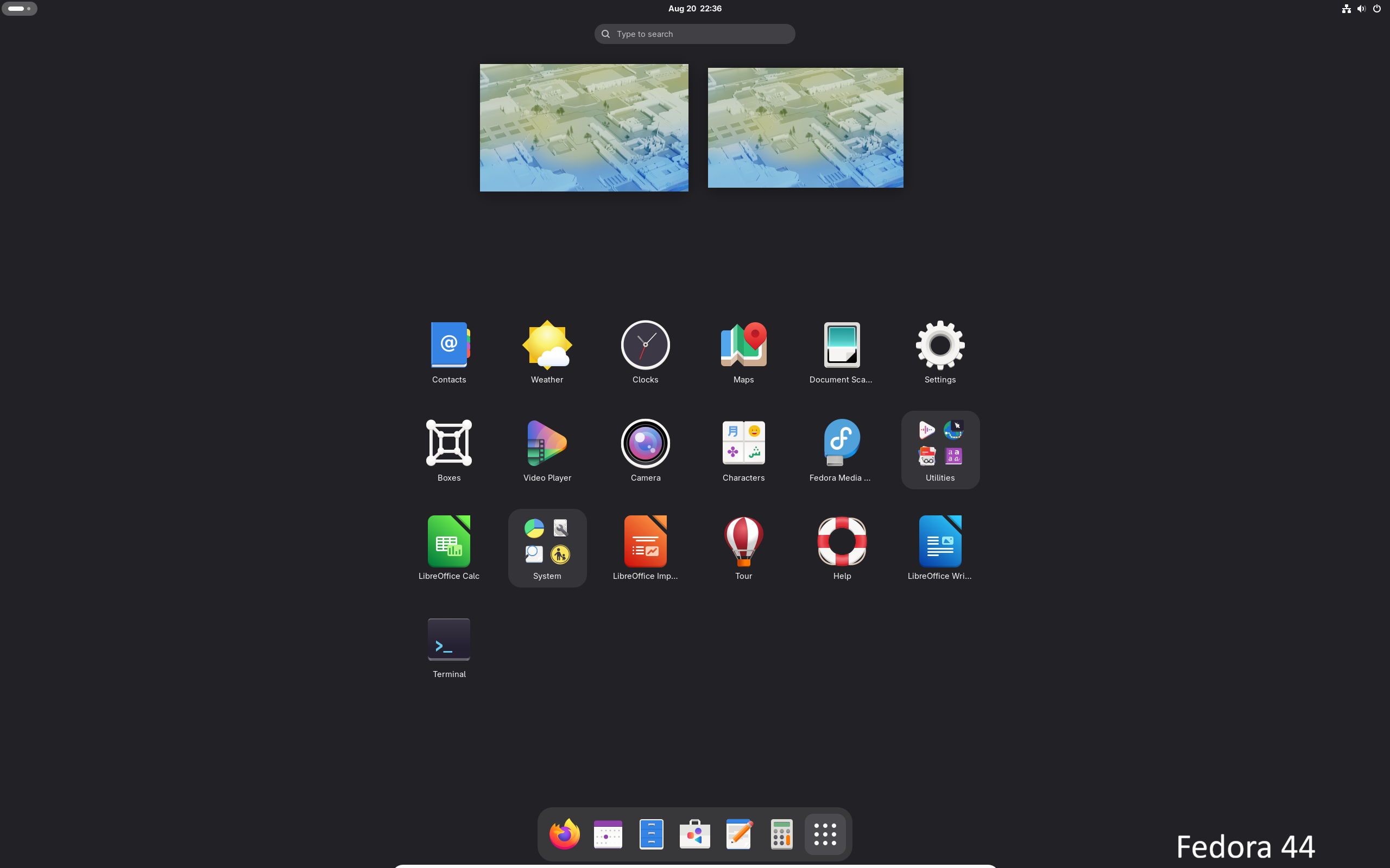 A screenshot of Fedora 44 showing the app menu.