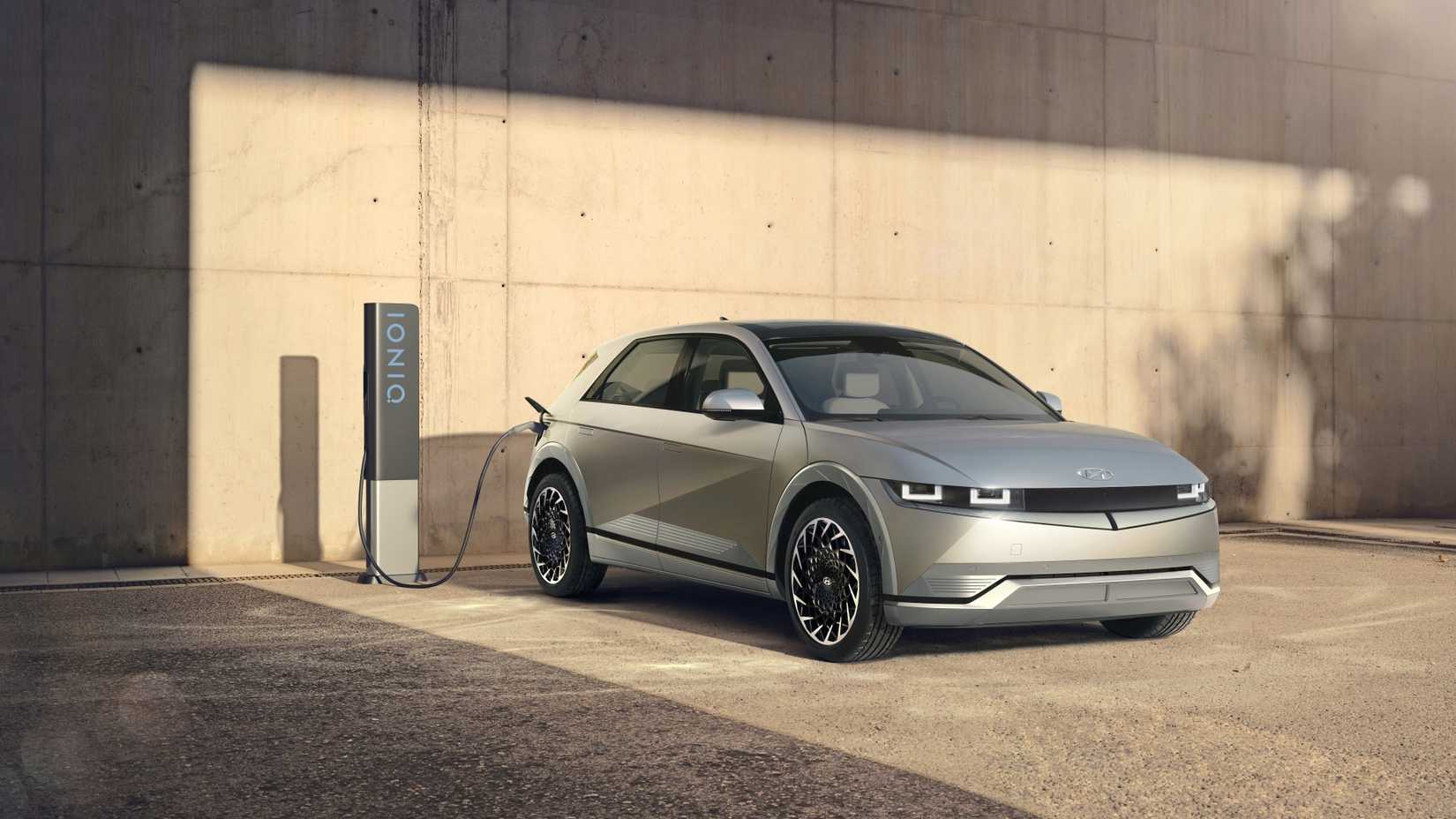 Front 3/4 shot of a 2022 Hyundai Ioniq 5 charging