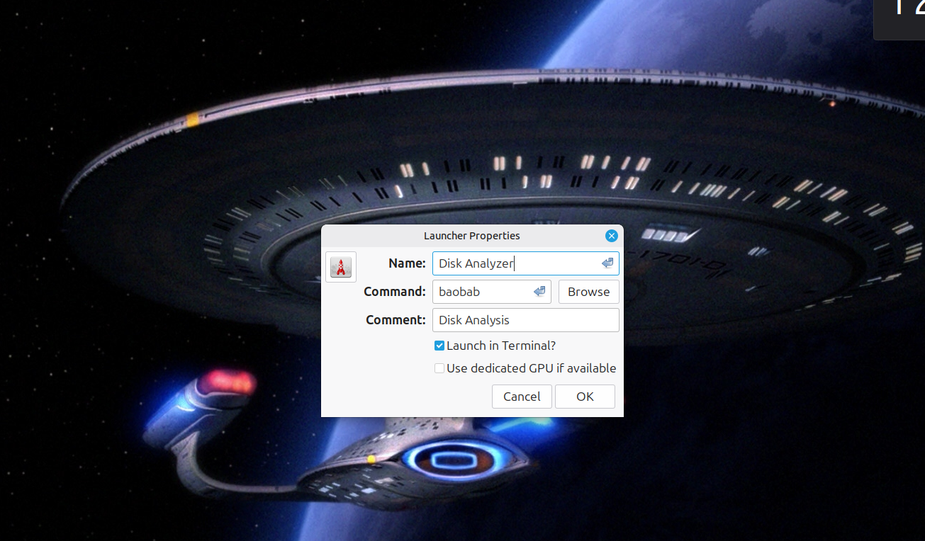 Adding a disk analyzer launcher to the Linux desktop.