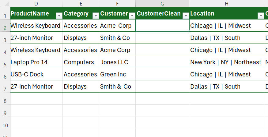 A CustomerClean column added to an Excel table.