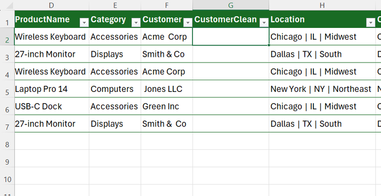 A CustomerClean column added to an Excel table.