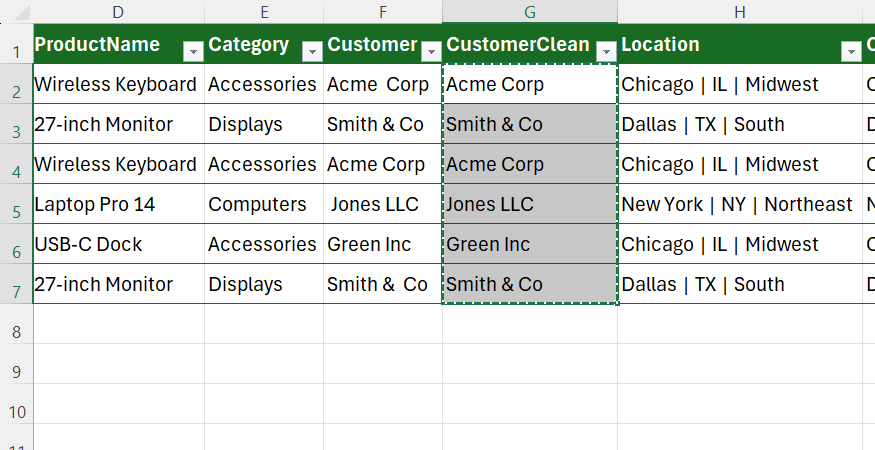 A CustomerClean column in an Excel table is copied.