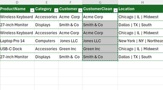 A CustomerClean column in an Excel table is copied.