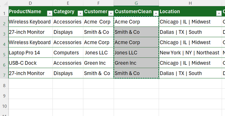 A CustomerClean column in an Excel table is copied.