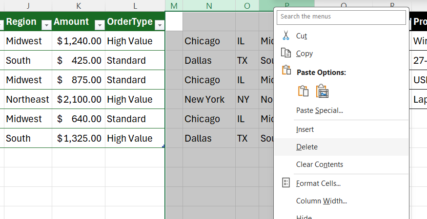 A helper area containing TEXTSPLIT results in Excel is deleted via the right-click contextual menu.