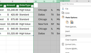 A helper area containing TEXTSPLIT results in Excel is deleted via the right-click contextual menu.