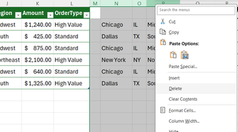 A helper area containing TEXTSPLIT results in Excel is deleted via the right-click contextual menu.