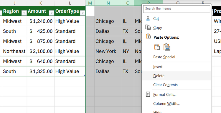 A helper area containing TEXTSPLIT results in Excel is deleted via the right-click contextual menu.