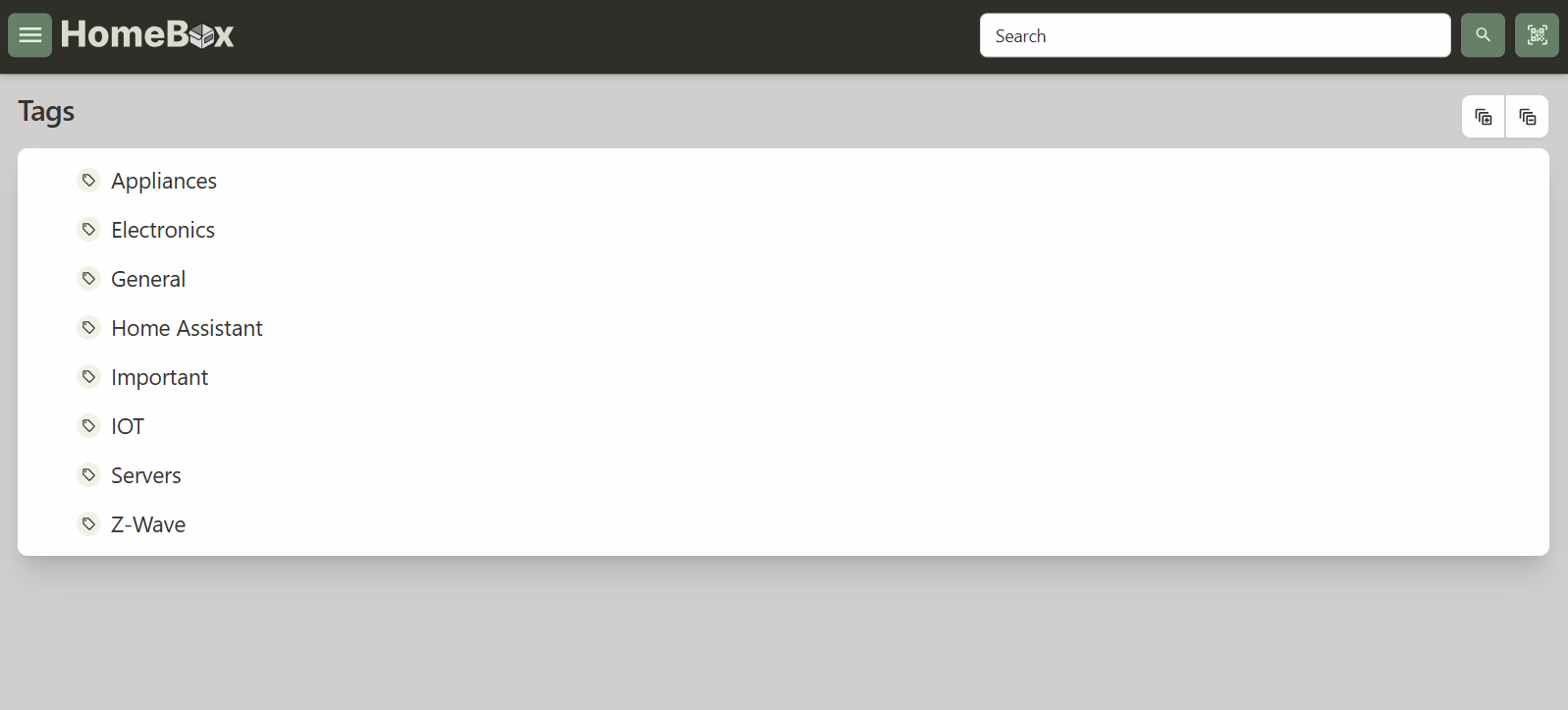 A list of item tags in HomeBox.