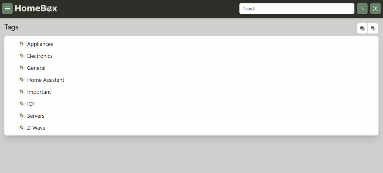 A list of item tags in HomeBox.