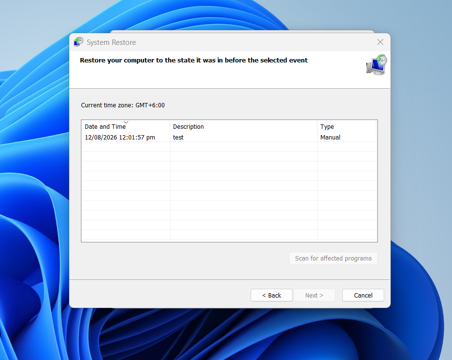 A list of restore points you can roll back to in System Restore.
