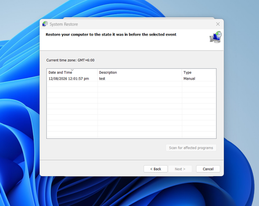 A list of restore points you can roll back to in System Restore.