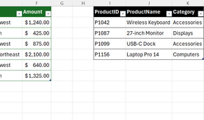 A lookup table in Excel with columns for product ID, product name, and category.