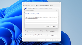 A prompt asking for the description to create a restore point on Windows.