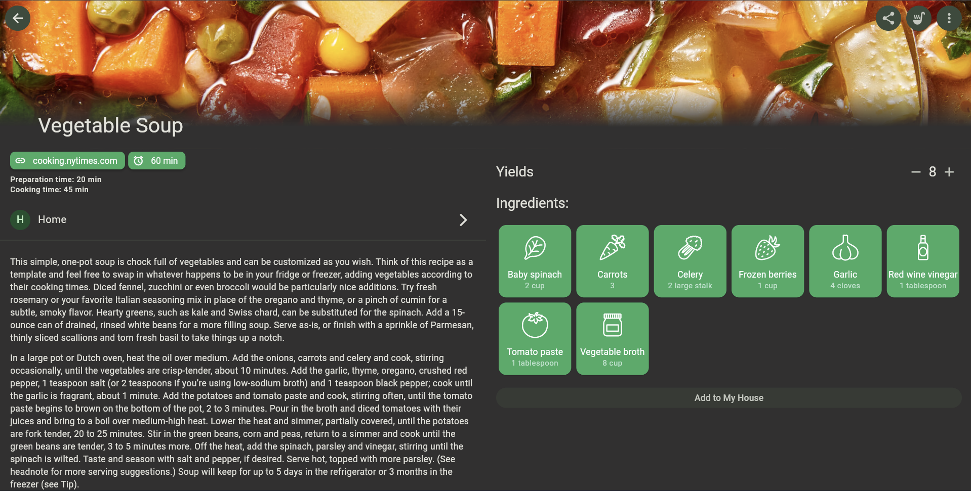 A recipe details with ingredients mentioned in KitchenOwl.