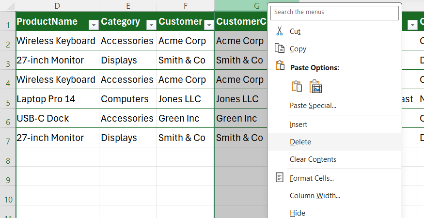 A temporary cleanup column in Excel is deleted after its contents are pasted over the original column.