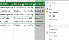 A temporary cleanup column in Excel is deleted after its contents are pasted over the original column.