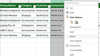 A temporary cleanup column in Excel is deleted after its contents are pasted over the original column.