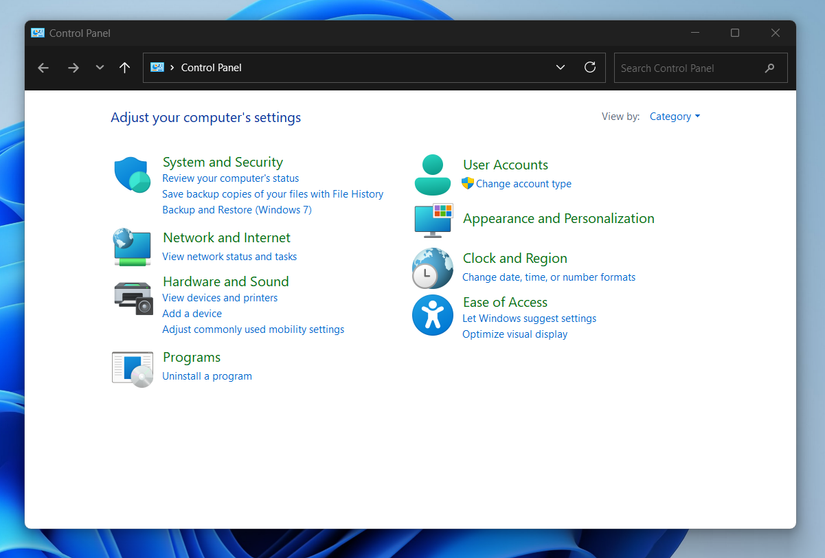 A view of Windows Control Panel.