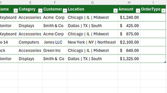An OrderType column added to an Excel table.