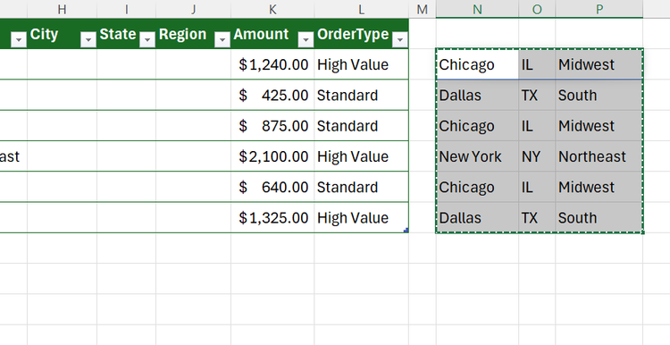 Cells containing city, state, an region outside an Excel table are copied, ready for insertion as values into the table.