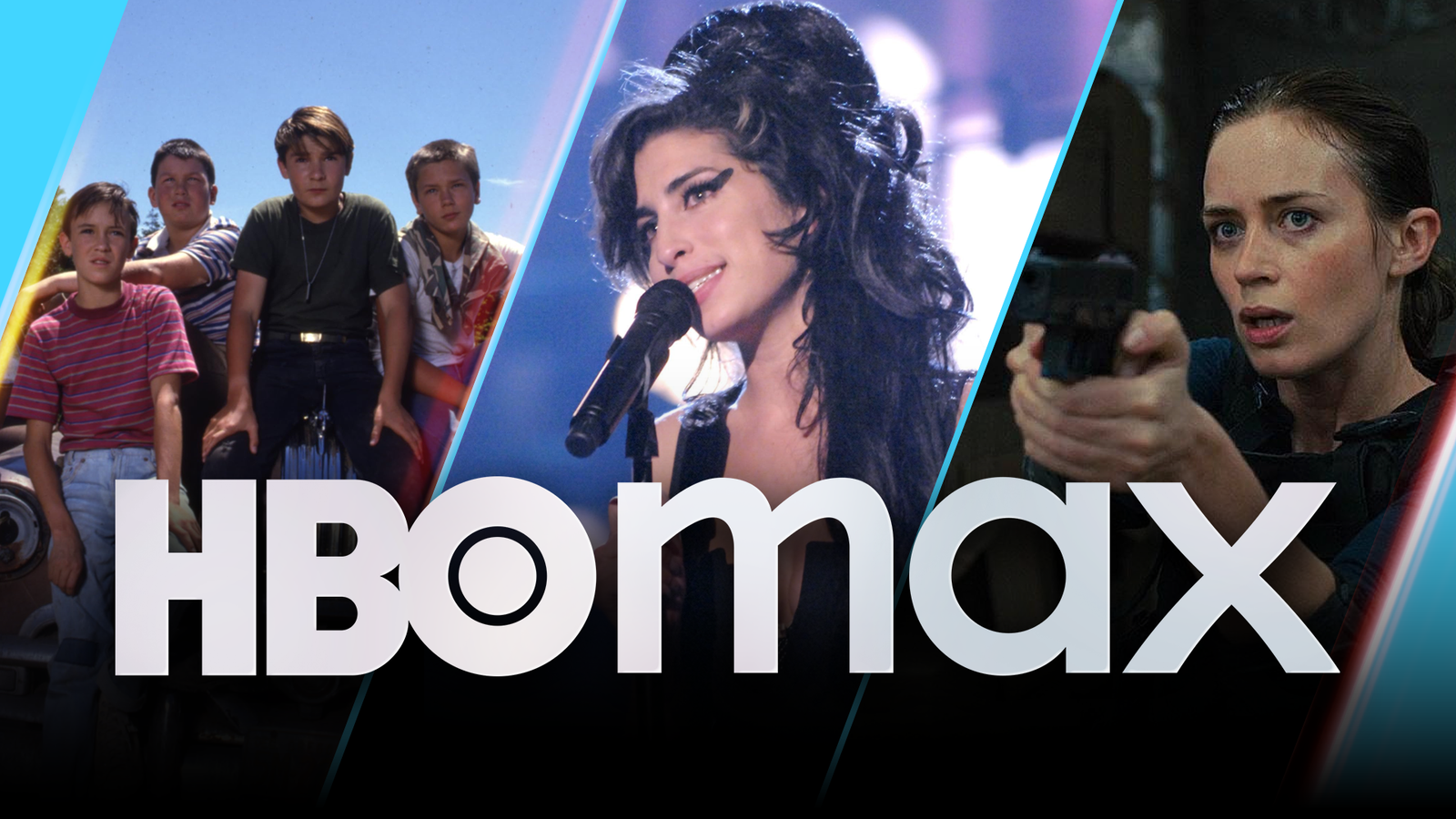 Characters from Amy, Sicario and Stand by Me with the HBO Max logo.