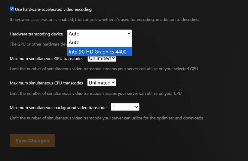 Choosing a hardware acceleration device in Plex.