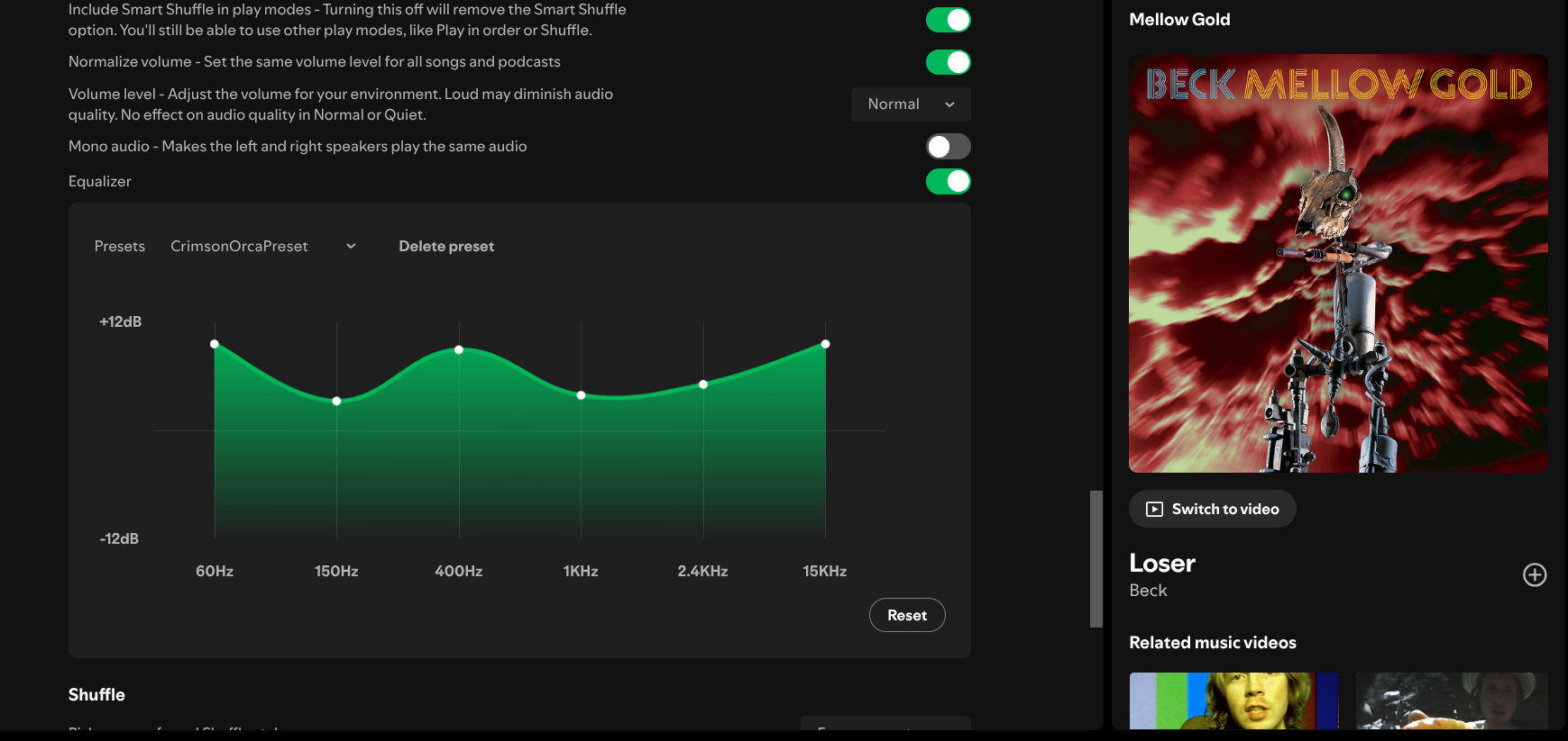 Creating a custom equalizer setting in Spotify.