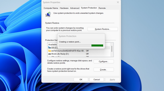 Creating a restore point on Windows via System Protection.