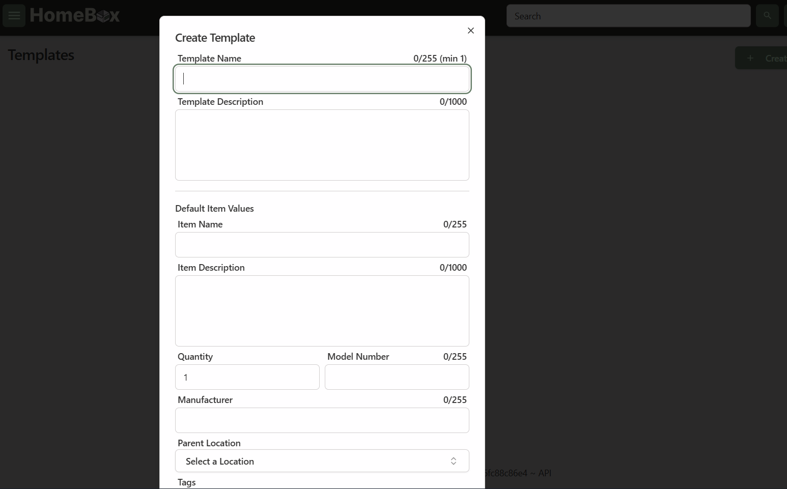 Creating a template using a form in HomeBox.