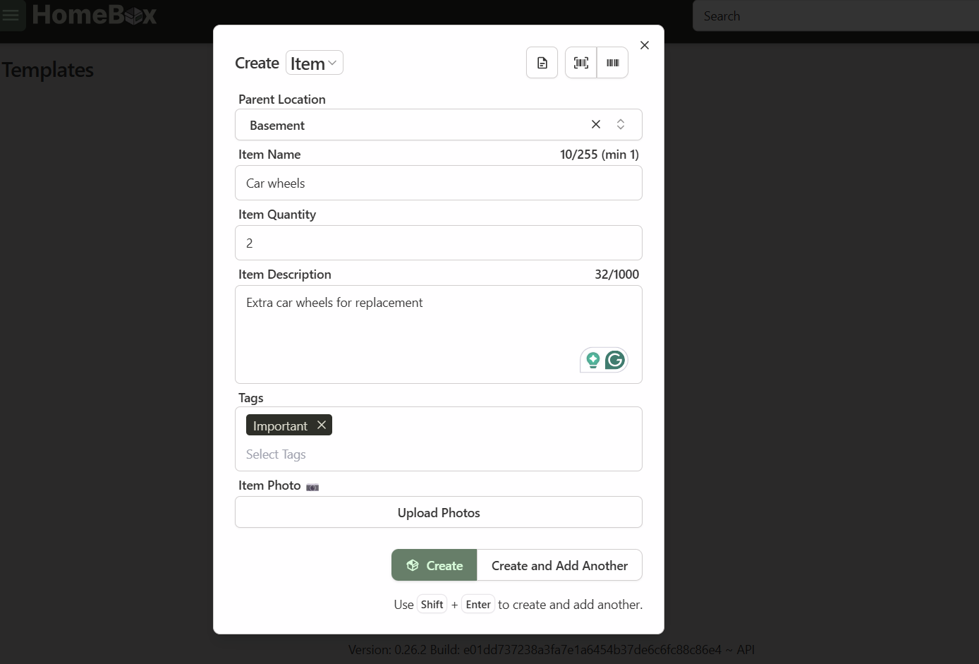 Creating an item using a form in HomeBox.