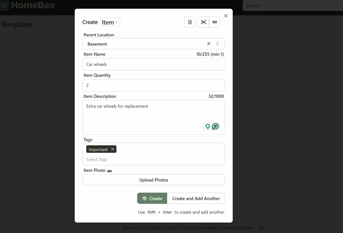 Creating an item using a form in HomeBox.