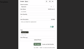 Creating an item using a form in HomeBox.