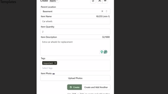 Creating an item using a form in HomeBox.