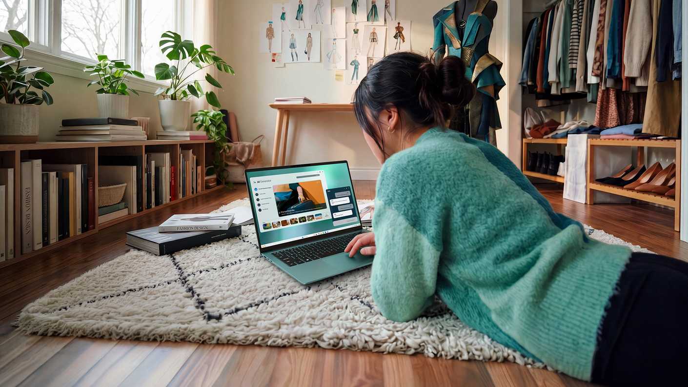 Дизайн Dell 14S Dell 14S на рабочем столе с открытым экраном