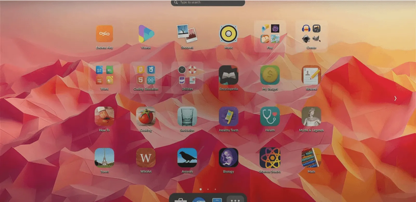 Endless OS showing a grid of application icons on a mountainous orange background.