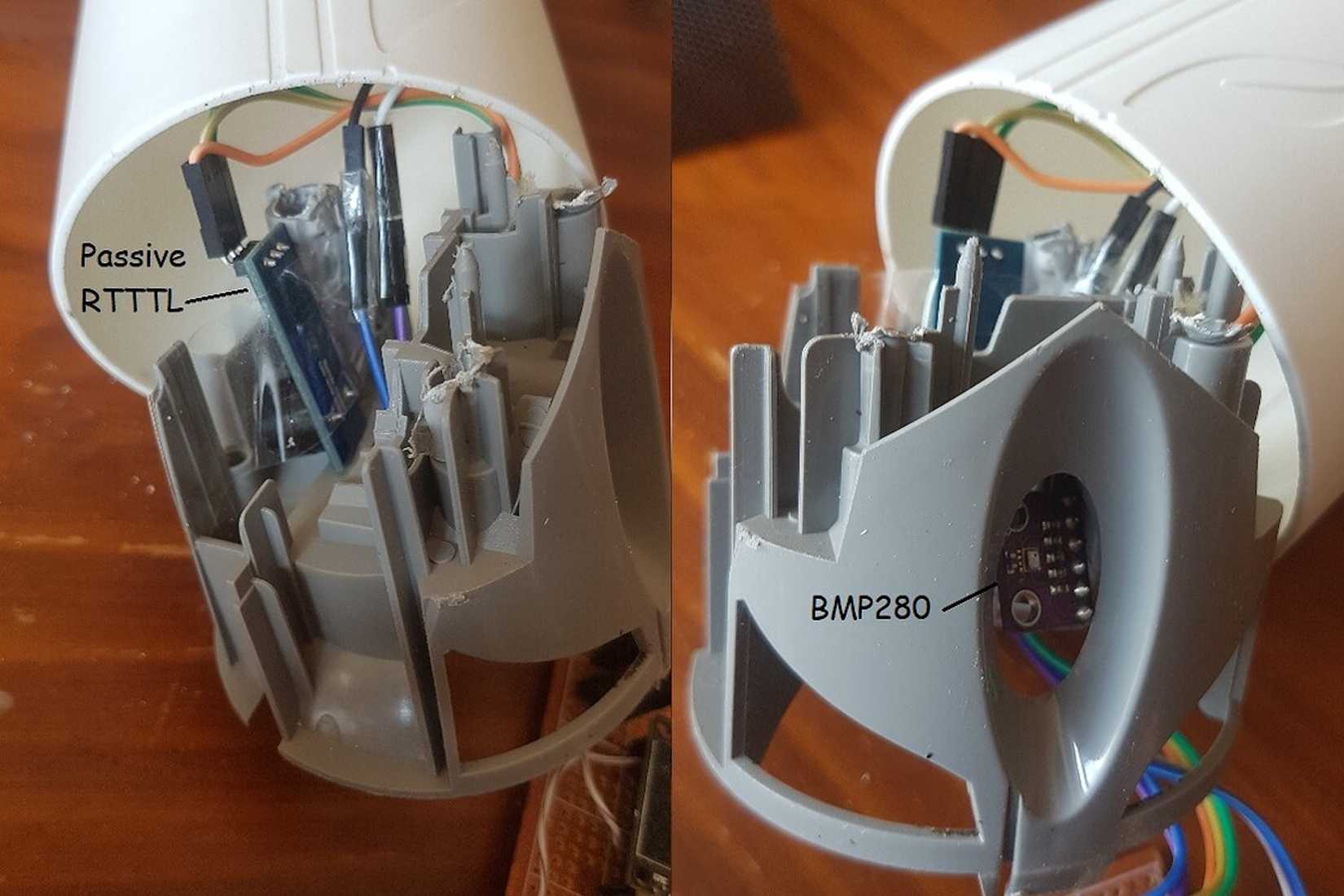 ESP32 air quality sensor components inside a cone shaped housing labeled Passive RTTTL and BMP280.