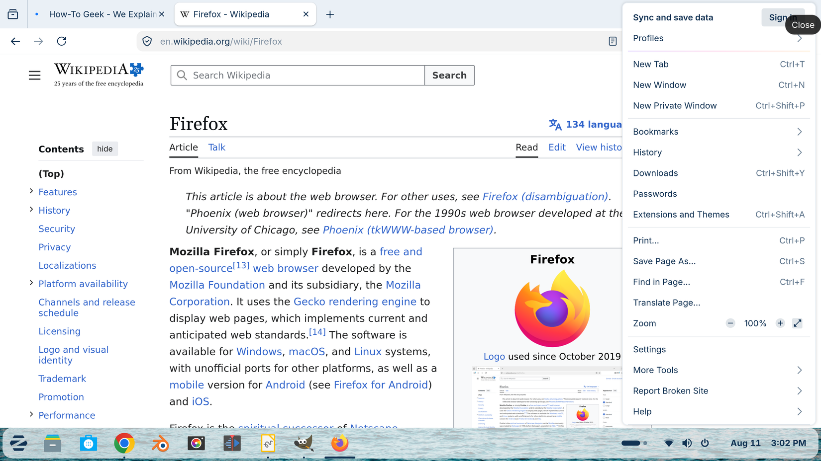 A screenshot of Firefox running with the Firefox wikipedia page open. Howtogeek.com is on the other tab.