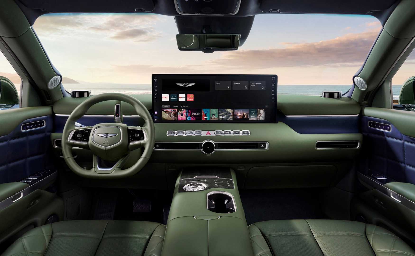 Салон Genesis GV90 с ИИ Интерьер премиального автомобиля Genesis GV90 с современным бортовым искусственным интеллектом