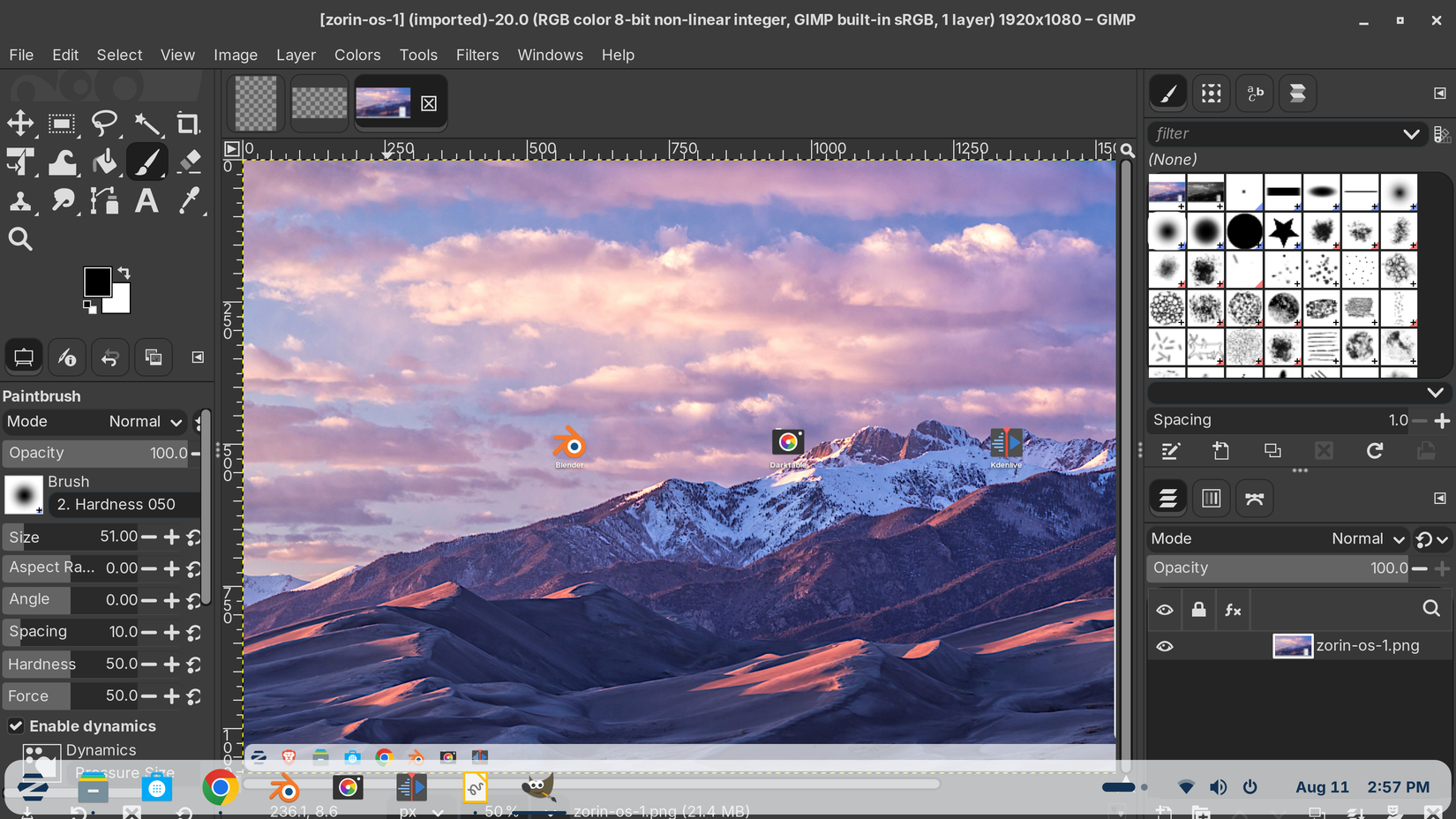A screenshot of GIMP 3.0 open and editing an image of the Zorin OS desktop.