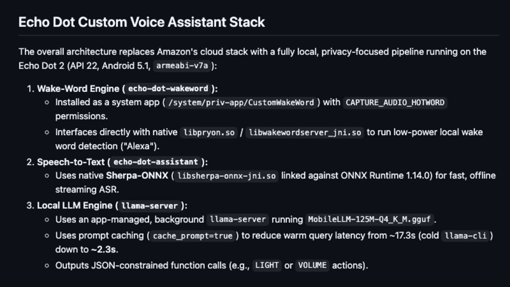 GitHub repo Echo Dot 2 Playground README Echo Dot Custom Voice Assistant Stack section describing the Wake Word Engine Speech to Text and Local LLM Engine..