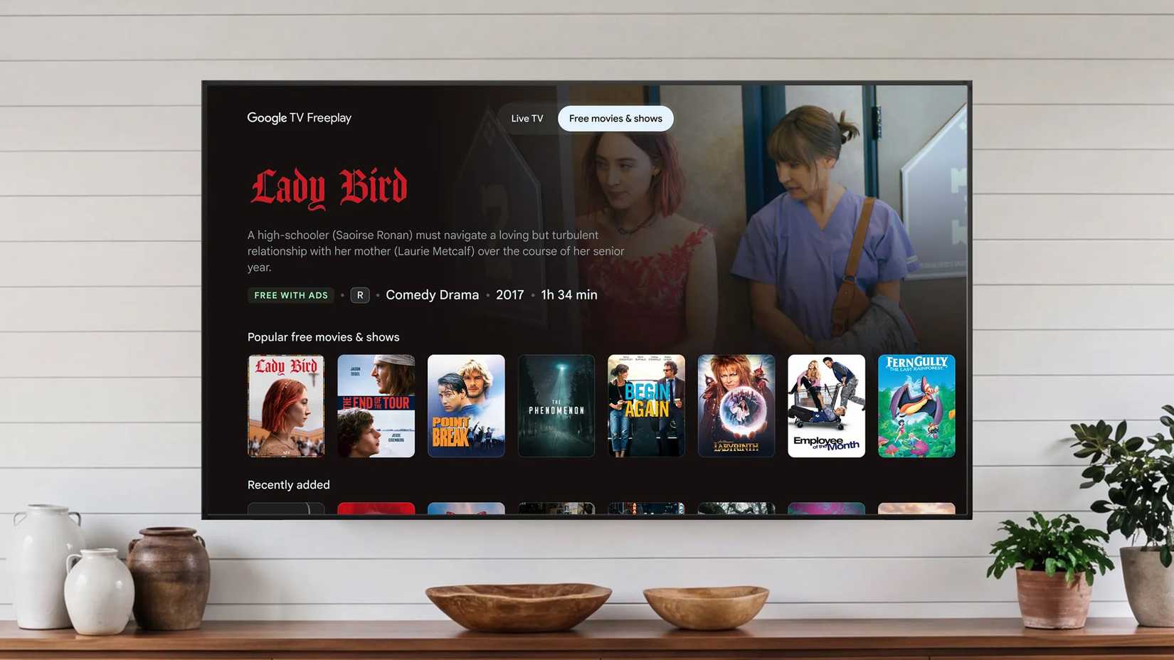 Google TV Freeplay showing an on-demand movie