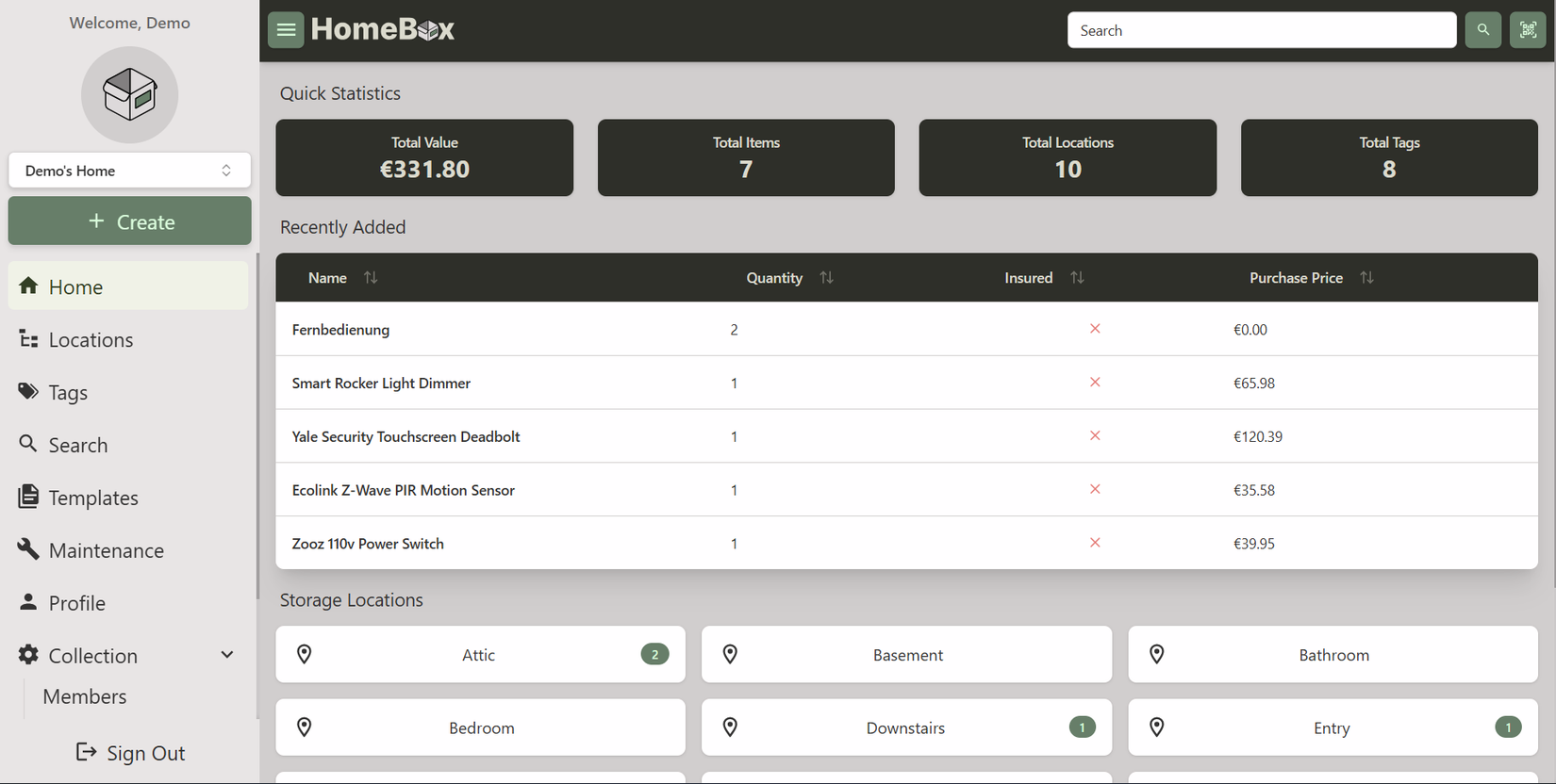 Homebox dashboard containing products, prices, and storage locations.-1