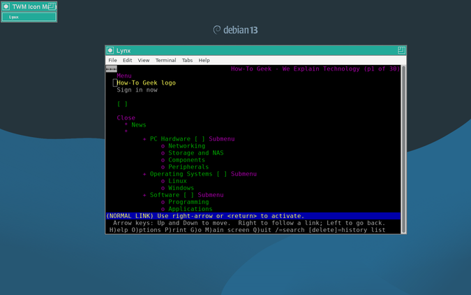 HTG homepage in Lynx in a terminal window in twm.
