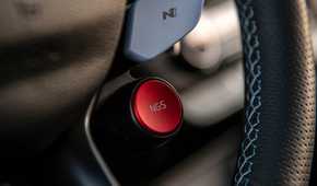 Close up of the buttons on the steering wheel of a 2022 Hyundai Kona N