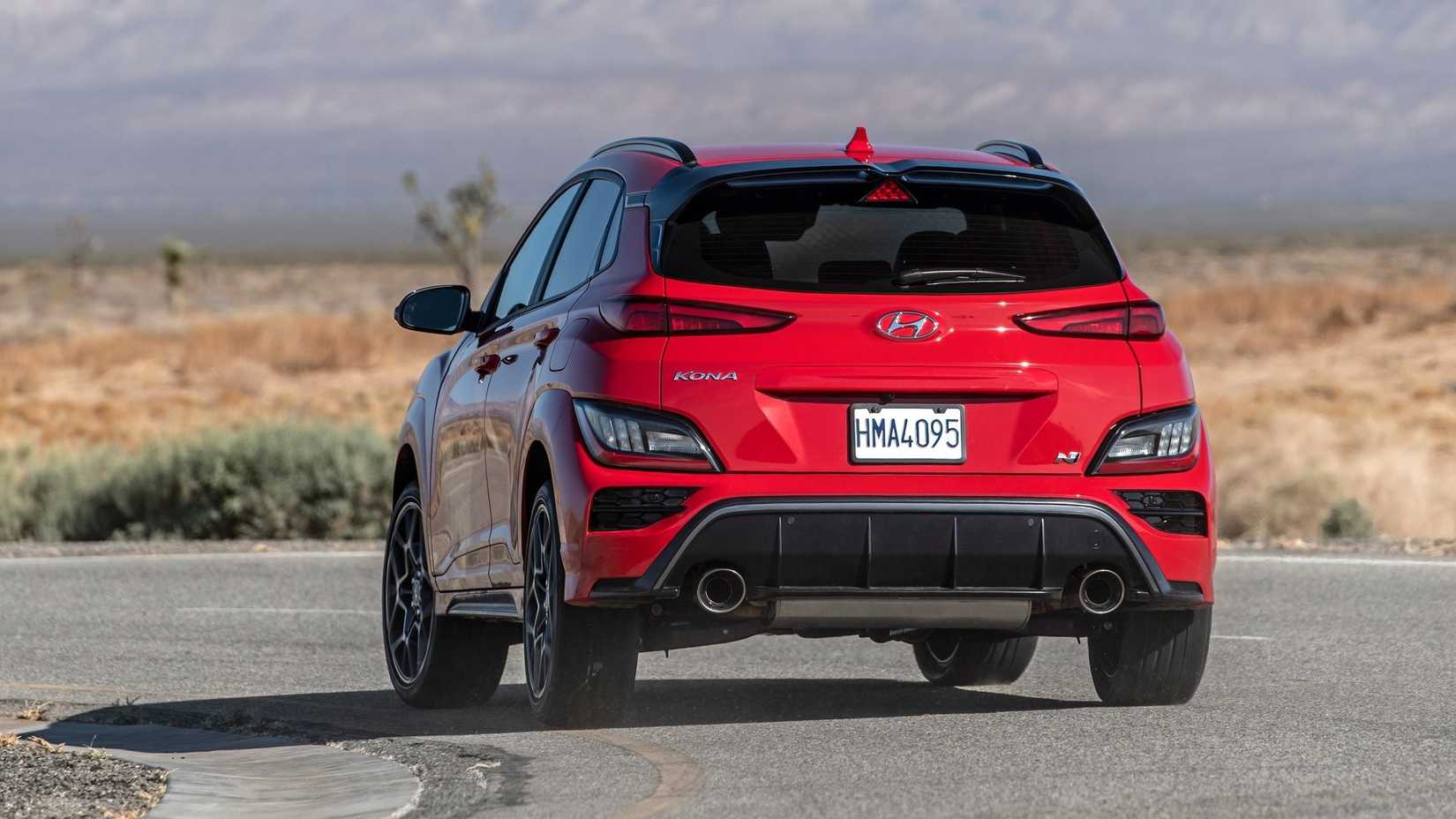 Rear 3/4 action shot of a 2022 Hyundai Kona N