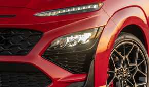 Close up of the headlight on a 2022 Hyundai Kona N