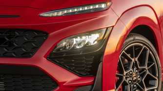 Close up of the headlight on a 2022 Hyundai Kona N